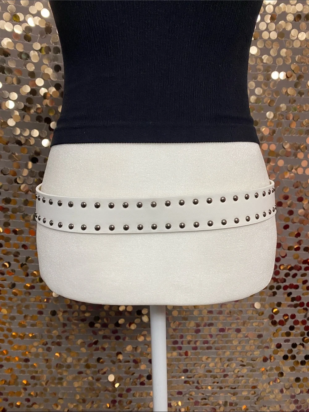 White studded belt with red and silver heart buckle #475